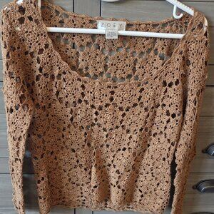 Womens M Boho Crochet Scoop Neck Sweater Cardigan